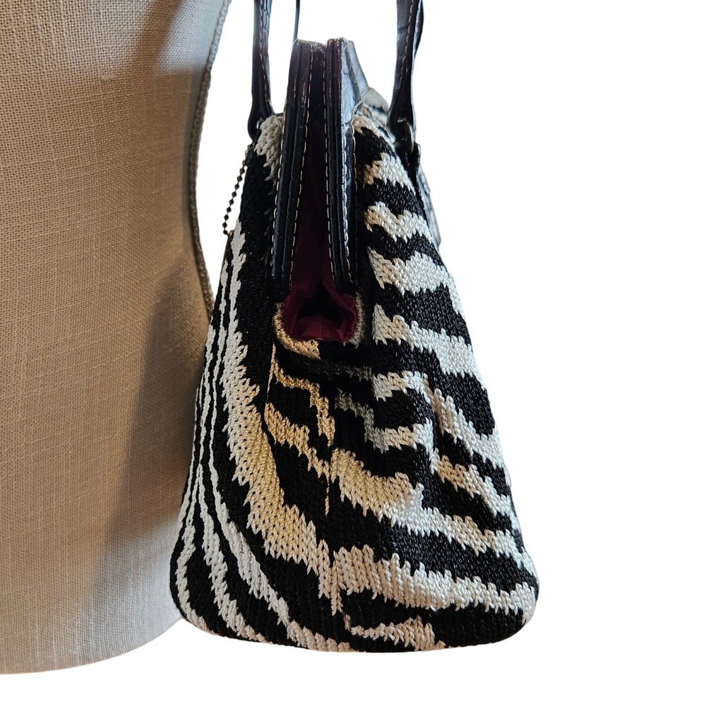 The Sak Zebra Print Crochet Shoulder Bag Black White Croc Trim Pink Lining - Picture 3 of 5